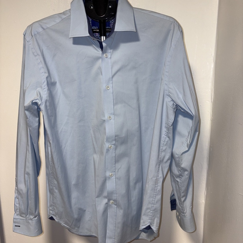 Egara Shirt Mens XL Blue Slim Fit Stretch Print Non Iron Flip Cuff